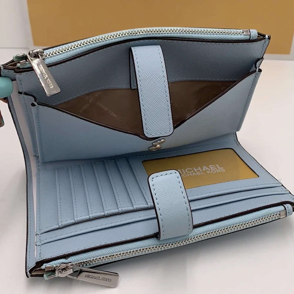 MICHAEL KORS JET SET TRAVEL 35F8GTVWOL VISTA BLUE LG DOUBLE ZIP WRSTLT LEATHER - Picture 8 of 14